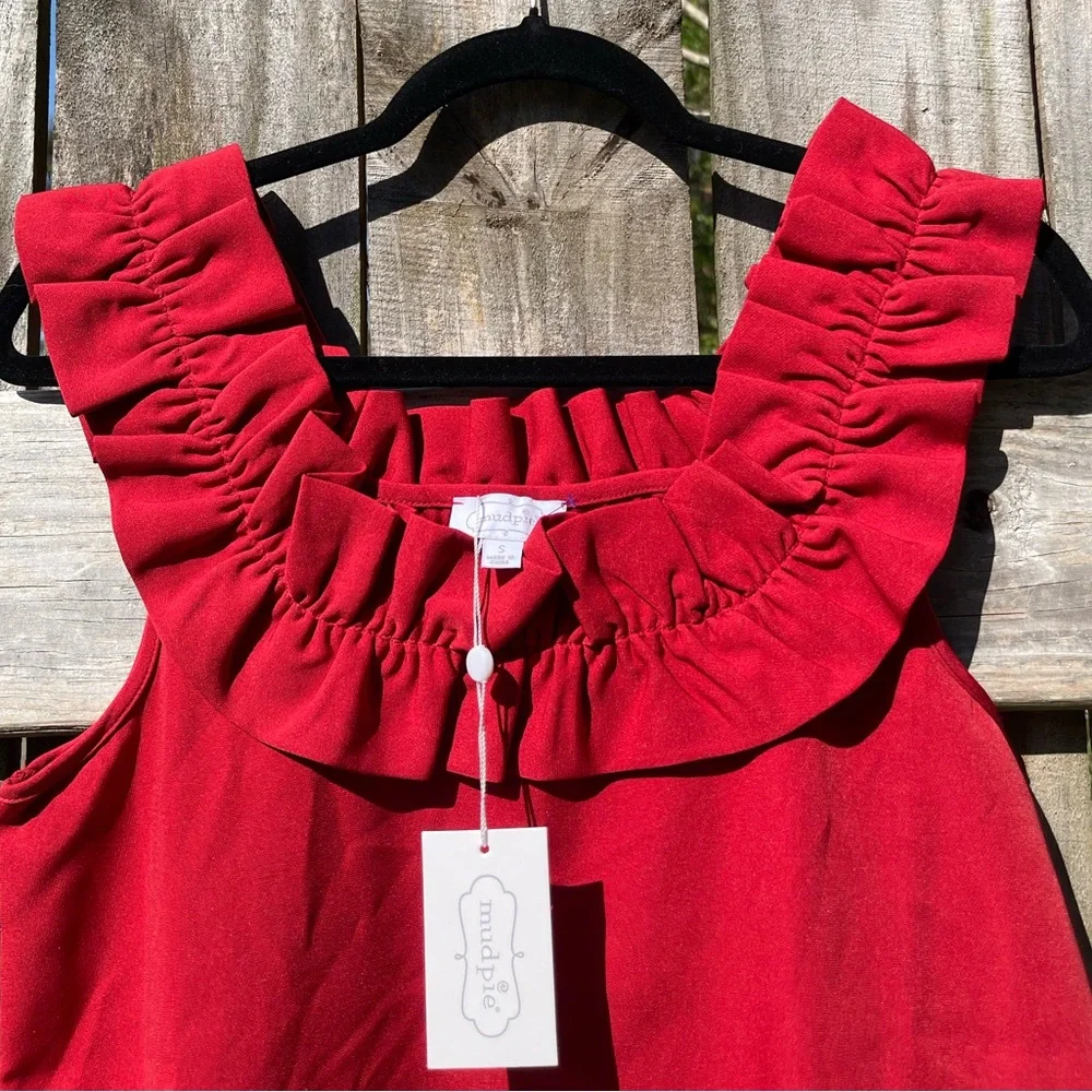 Mud Pie Red Ruffle Neck Mini Dress - Picture 2 of 10